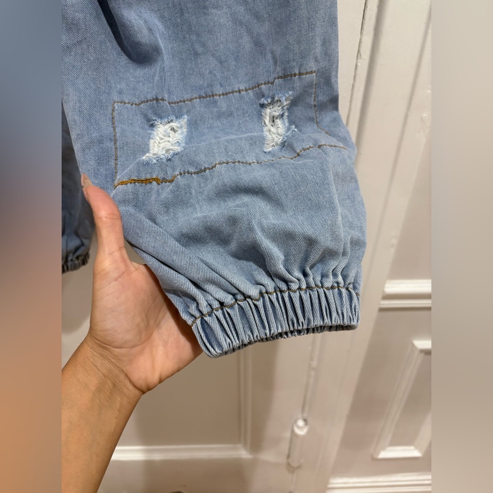 POL BRAND NEW LIGHT DENIM DISTRESSED PATCHWORK JOGGER - Picture 8 of 11